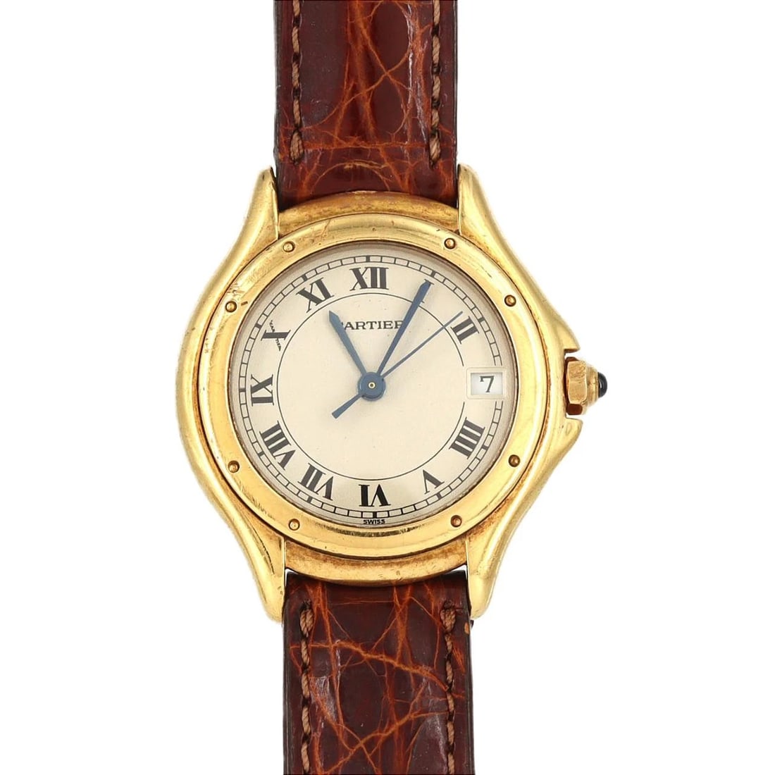 CARTIER PANTHERE COUGAR YELLOW GOLD WATCH: Cartier Panthere Cougar Yellow Gold Watch Brand: CARTIER Type/Style: Wrist watch Material: Case: Yellow gold Bracelet: Strap Color: Dial Color: Silver/Roman Band Color: Brown Size: Case diameter: