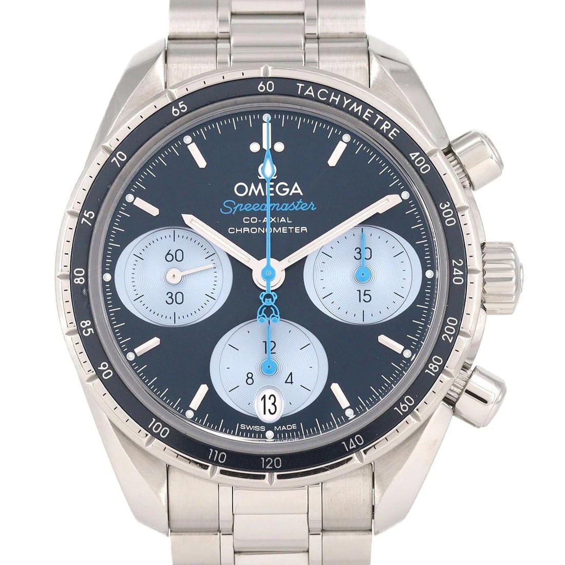 OMEGA SPEEDMASTER STAINLESS STEEL WATCH: Omega Speedmaster Stainless Steel Watch Brand: OMEGA Type/Style: Wrist watch Material: Case: Stainless Steel Breath: Stainless Steel Color: Dial color Blue Size: Case diameter: Approx. 38mm Max wrist
