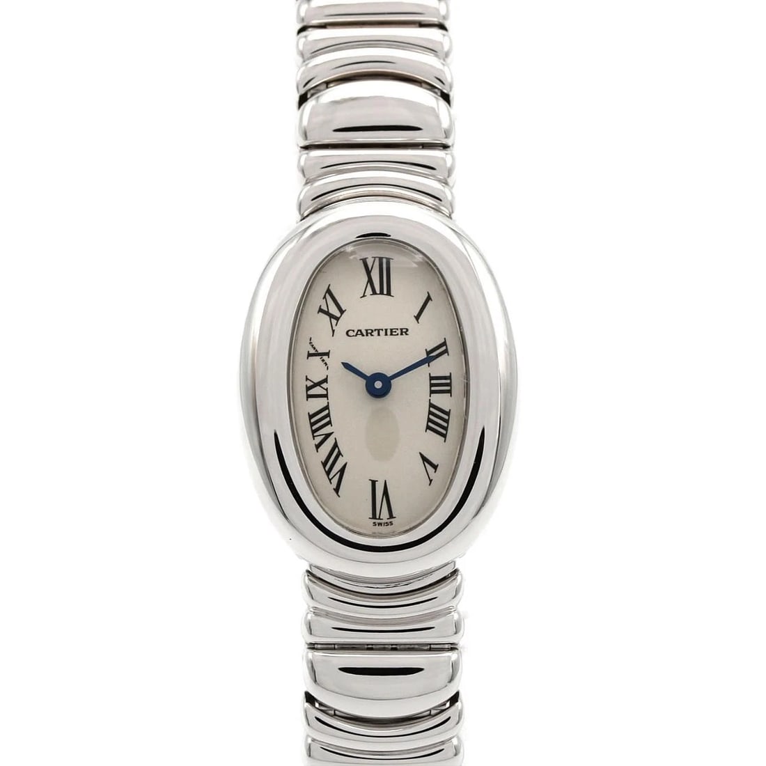 CARTIER MINI BAIGNOIRE QUARTZ WATCH: Cartier Mini Baignoire Quartz Watch Brand: CARTIER Type/Style: Wrist watch Material: Case: White gold Bracelet: White gold Color: Dial color Silver/Roman Size: Case diameter approx.: 18 x 24.5 mm mm