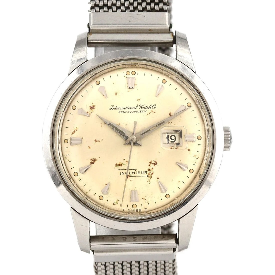 IWC INGENIEUR STAINLESS STEEL WATCH: IWC Ingenieur Stainless Steel Watch Brand: IWC Type/Style: Wrist watch Material: Case: Stainless Steel Bracelet: Strap Color: Dial Color: Ivory Band Color: Black Size: Case diameter: Approx. 37.5mm