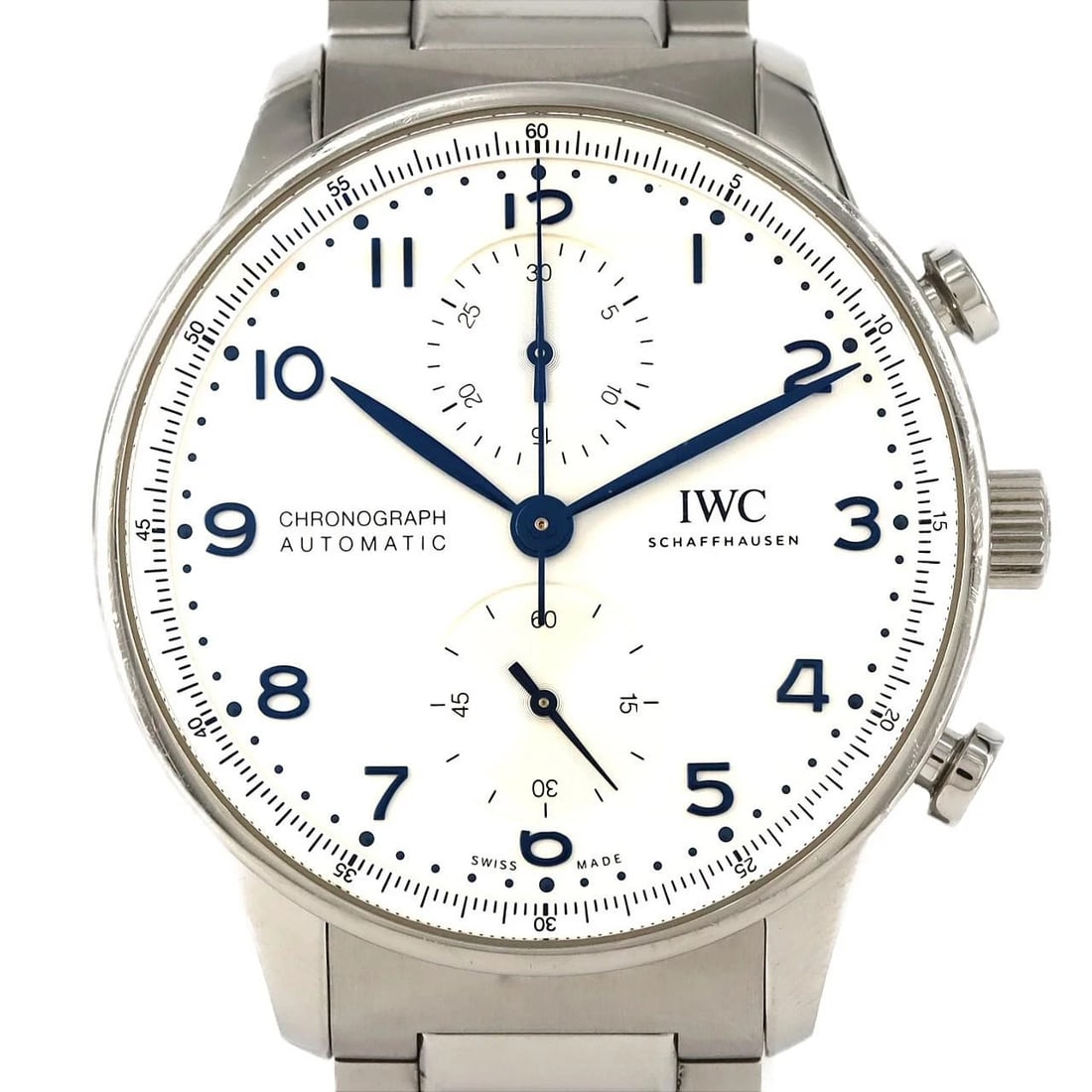 IWC PORTUGIESER CHRONOGRAPH WATCH: IWC Portugieser Chronograph Watch Brand: IWC Type/Style: Wrist watch Material: Case: Stainless Steel Breath: Stainless Steel Color: Dial Color: Silver/BL Arabic numerals Size: Case diameter: Approx.