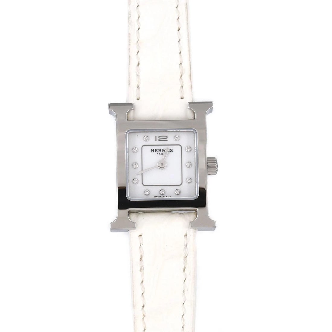 HERMES WATCH STAINLESS STEEL QUARTZ WATCH: Hermes Watch Stainless Steel Quartz Watch Brand: HERMES Type/Style: Wrist watch Material: Case: Stainless Steel Bracelet: Strap Color: Dial Color: Silver/Diamond Band color: White Size: Case