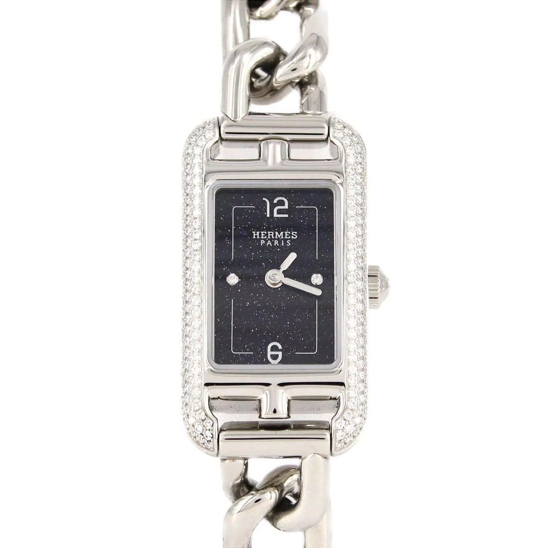 HERMES NANTUCKET STAINLESS STEEL QUARTZ WATCH: Hermes Nantucket Stainless Steel Quartz Watch Brand: HERMES Type/Style: Wrist watch Material: Case: Stainless Steel Breath: Stainless Steel Color: Dial Color: Black/Diamond Size: Case diameter: 17x32.