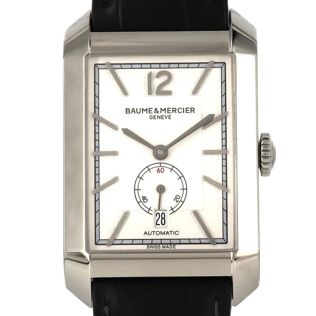 BAUME & MERCIER HAMPTON 6 STAINLESS STEEL MECHANICAL WATCH: Baume & Mercier Hampton 6 Stainless Steel Mechanical Watch Brand: Baume & Mercier Type/Style: Wrist watch Material: Case: Stainless Steel Bracelet: Strap Color: Dial Color: White Band Color: Black