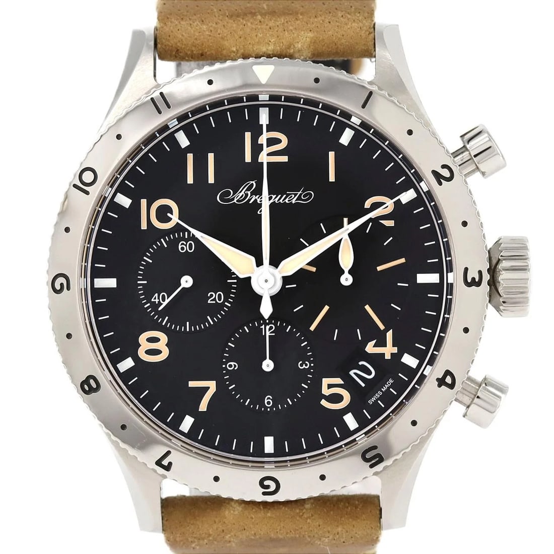 BREGUET STAINLESS STEEL MECHANICAL AUTOMATIC WATCH: Breguet Stainless Steel Mechanical Automatic Watch Brand: Breguet Type/Style: Wrist watch Material: Case: Stainless Steel Bracelet: Strap Color: Dial Color: Black/Arabic Band Color: Brown Size: Case d