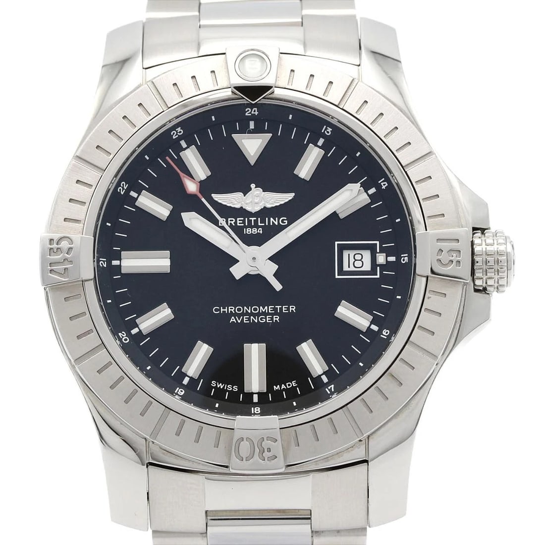 BREITLING AVENGER AUTOMATIC WATCH: Breitling Avenger Automatic Watch Brand: BREITLING Type/Style: Wrist watch Material: Case: Stainless Steel Breath: Stainless Steel Color: Dial color black Size: Case diameter: Approx. 43 mm Max wrist