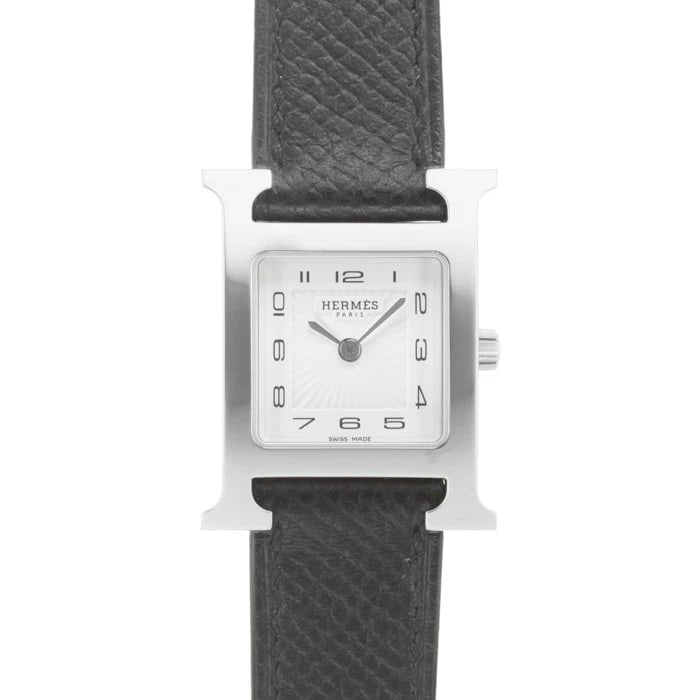 HERMES STAINLESS STEEL WATCH: HERMES Stainless Steel Watch Brand: HERMES Type/Style: Wristwatch Material: Case Material Stainless Steel, Band Material Calf Color: Case Color Silver, Dial color White, Band Color Black Size: Case