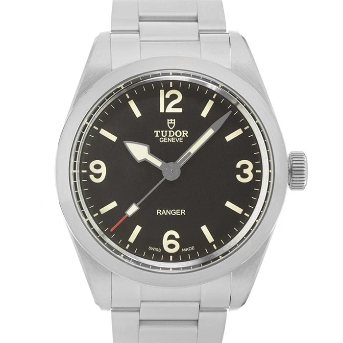 TUDOR RANGER WATCH: TUDOR Ranger Watch Brand: TUDOR Type/Style: Wristwatch Material: Case Material Steel, Band Material Stainless Steel Color: Case Color Silver, Dial color Black, Band Color Silver Size: Case Size 39 mm