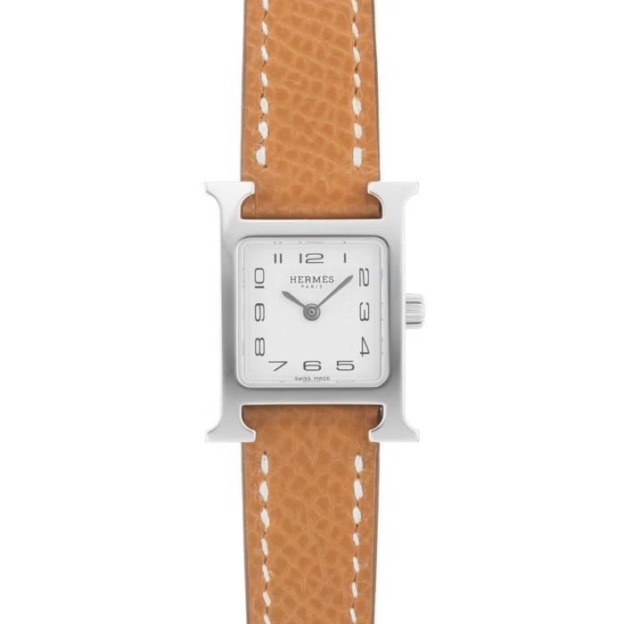 HERMES STAINLESS STEEL WATCH: HERMES Stainless Steel Watch Brand: HERMES Type/Style: Wristwatch Material: Case Material Stainless Steel, Band Material Calf Color: Case Color Silver, Dial color White, Band Color Brown Size: Case
