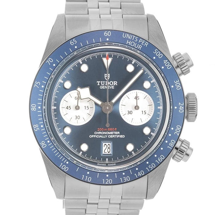 TUDOR BLACK CHRONO WATCH: TUDOR Black Chrono Watch Brand: TUDOR Type/Style: Wristwatch Material: Case Material Stainless Steel, Band Material Stainless Steel Color: Case Color Silver, Dial color Blue, Band Color Silver Size: