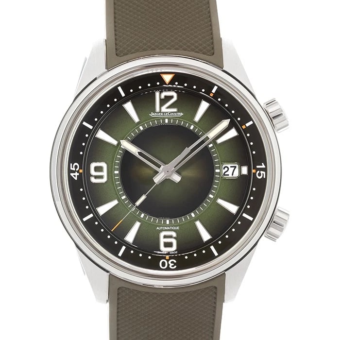 JAEGER-LECOULTRE POLARIS DATE WATCH: Jaeger-LeCoultre Polaris Date Watch Brand: JAEGER LECOULTRE Type/Style: Wristwatch Material: Case Material Stainless Steel, Band Material Rubber Color: Case Color Silver, Dial color Green, Band Color
