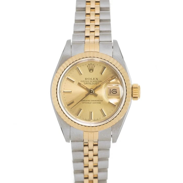 ROLEX DATEJUST CHAMPAGNE WATCH: ROLEX Datejust Champagne Watch Brand: ROLEX Type/Style: Wristwatch Material: Case Material Stainless Steel, Yellow Gold, Band Material Stainless Steel, Yellow Gold Color: Case Color Silver/Gold, Dial