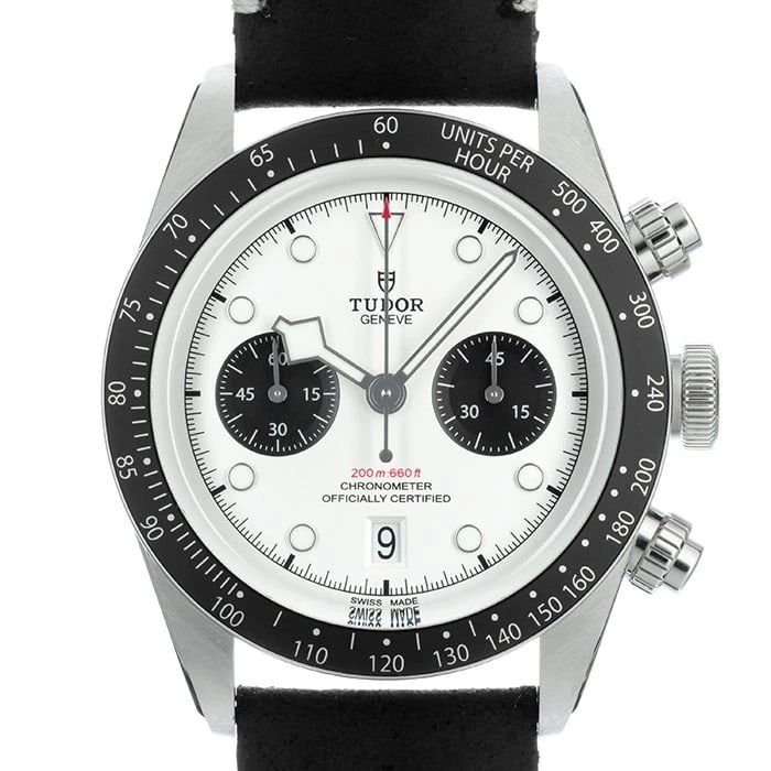 TUDOR HERITAGE BLACK CHRONO WHITE WATCH: TUDOR Heritage Black Chrono White Watch Brand: TUDOR Type/Style: Wristwatch Material: Case Material Stainless Steel, Band Material leather Color: Case Color Silver, Dial color White, Band Color NONE