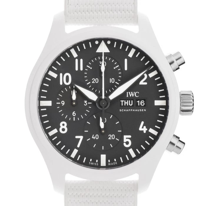 IWC PILOT WATCH CHRONOGRAPH WATCH: IWC Pilot Watch Chronograph Watch Brand: IWC Type/Style: Wristwatch Material: Case Material Ceramic, Band Material Rubber Color: Case Color White, Dial color Black, Band Color White Size: Case Size 44