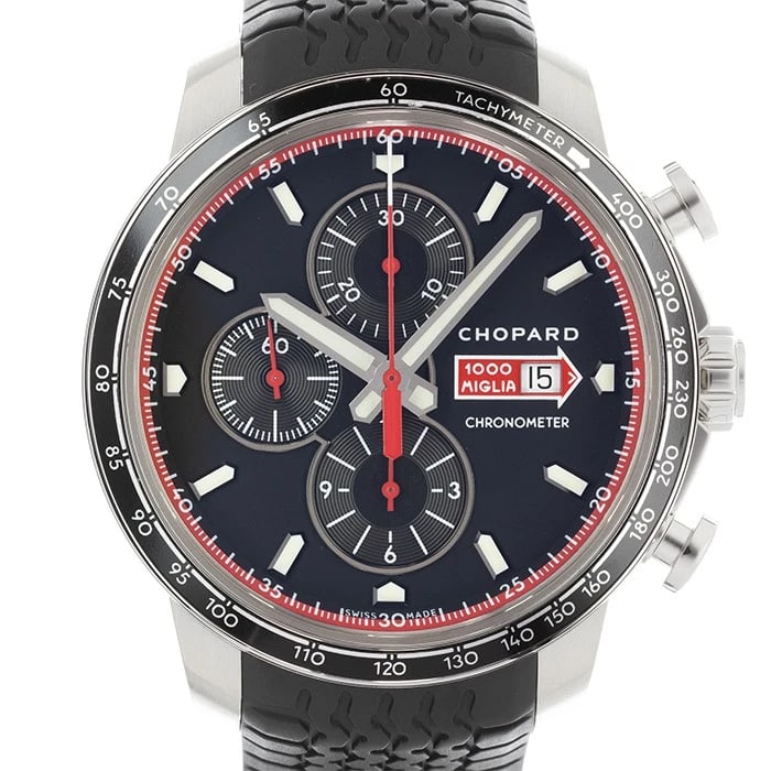 CHOPARD MILLE MIGLIA CHRONO WATCH: CHOPARD Mille Miglia Chrono Watch Brand: Chopard Type/Style: Wristwatch Material: Case Material Stainless Steel, Band Material Rubber Color: Case Color Silver, Dial color Black, Band Color Black