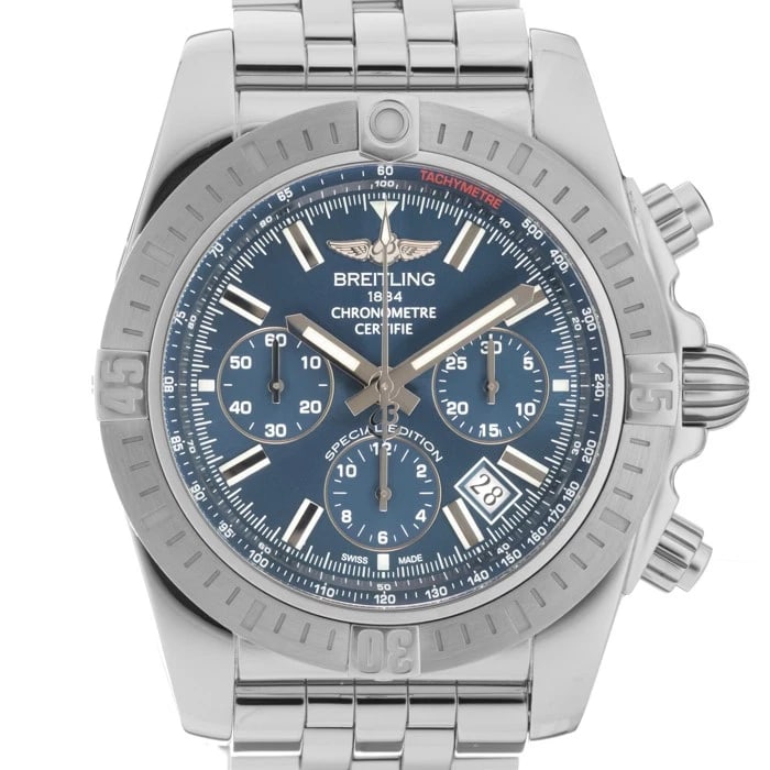 BREITLING CHRONOMAT WATCH: BREITLING Chronomat Watch Brand: BREITLING Type/Style: Wristwatch Material: Case Material Stainless Steel, Band Material Stainless Steel Color: Case Color Silver, Dial color Blue, Band Color Silver