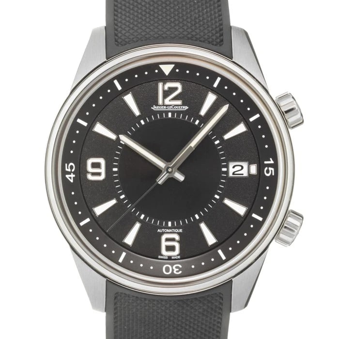 JAEGER-LECOULTRE POLARIS DATE WATCH: Jaeger-LeCoultre Polaris Date Watch Brand: JAEGER LECOULTRE Type/Style: Wristwatch Material: Case Material Stainless Steel, Band Material Rubber Color: Case Color Silver, Dial color Black, Band Color