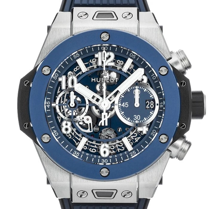 HUBLOT BIG BANG UNICO TITANIUM BLUE CERAMIC WATCH: HUBLOT Big Bang Unico Titanium Blue Ceramic Watch Brand: HUBLOT Type/Style: Wristwatch Material: Case Material Titanium, Ceramic, Band Material Rubber Color: Case Color Silver, Dial color Skeleton,