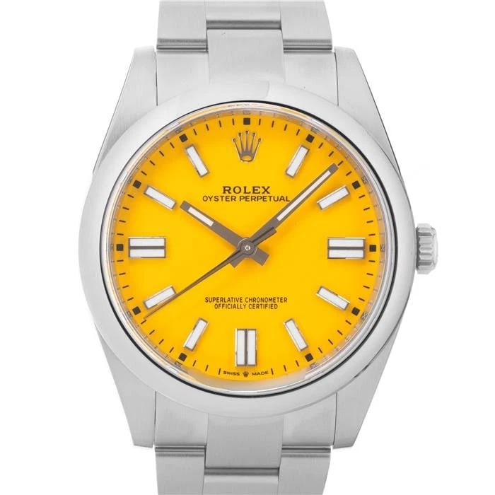 ROLEX OYSTER PERPETUAL YELLOW WATCH: ROLEX Oyster Perpetual Yellow Watch Brand: ROLEX Type/Style: Wristwatch Material: Case Material Stainless Steel, Band Material Stainless Steel Color: Case Color Silver, Dial color Yellow, Band Color
