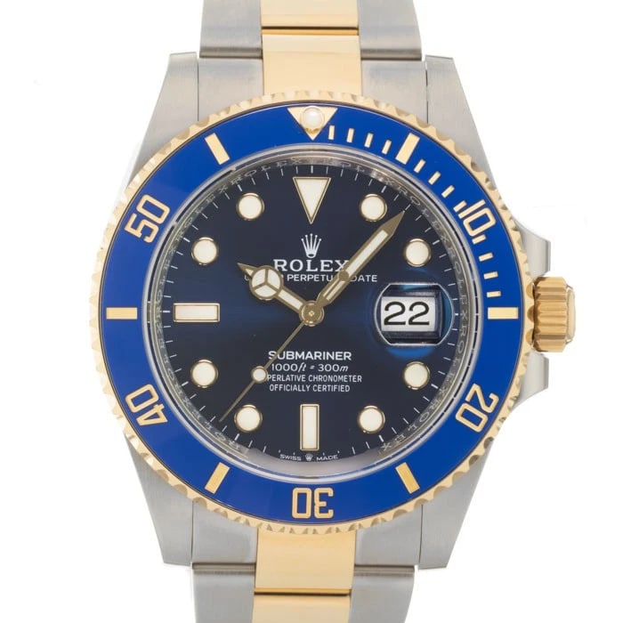 ROLEX SUBMARINER DATE WATCH: ROLEX Submariner Date Watch Brand: Rolex Type/Style: Wristwatch Material: Case Material Stainless Steel, Band Material Stainless Steel, Yellow Gold Color: Case Color Silver, Dial color Blue, Band