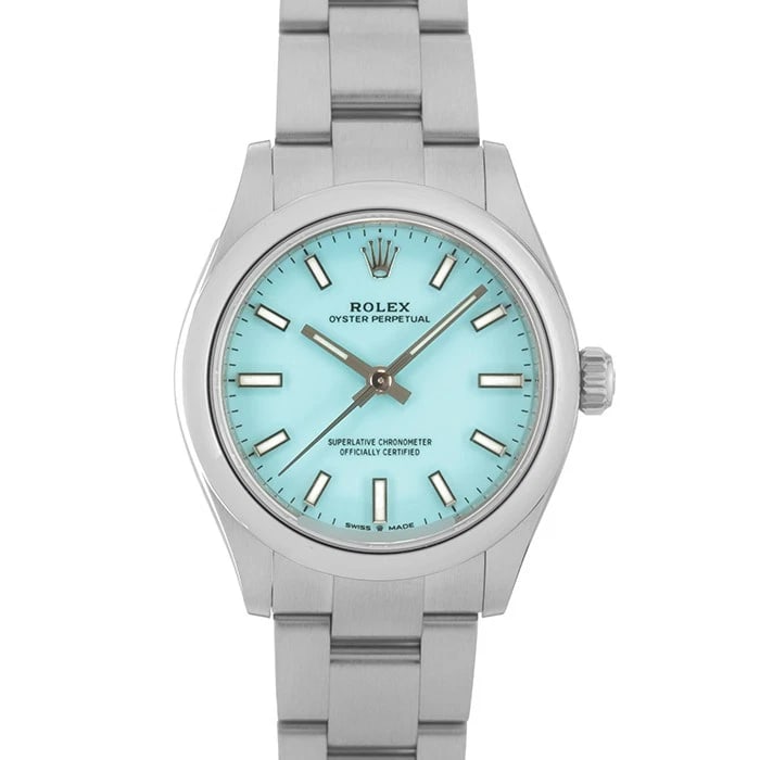 ROLEX OYSTER PERPETUAL TURQUOISE BLUE WATCH: ROLEX Oyster Perpetual Turquoise Blue Watch Brand: ROLEX Type/Style: Wristwatch Material: Case Material Stainless Steel, Band Material Stainless Steel Color: Case Color Silver, Dial color Turquoise