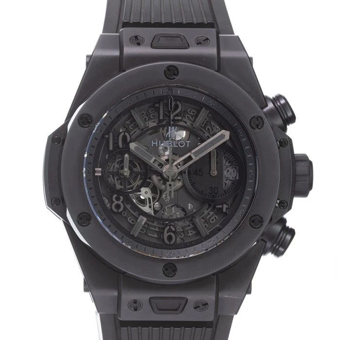 HUBLOT BIG BANG UNICO BLACK WATCH: HUBLOT Big Bang Unico Black Watch Brand: HUBLOT Type/Style: Wristwatch Material: Case Material Ceramic, Band Material Rubber Color: Case Color Black, Dial color Skeleton, Band Color Black Size: Case