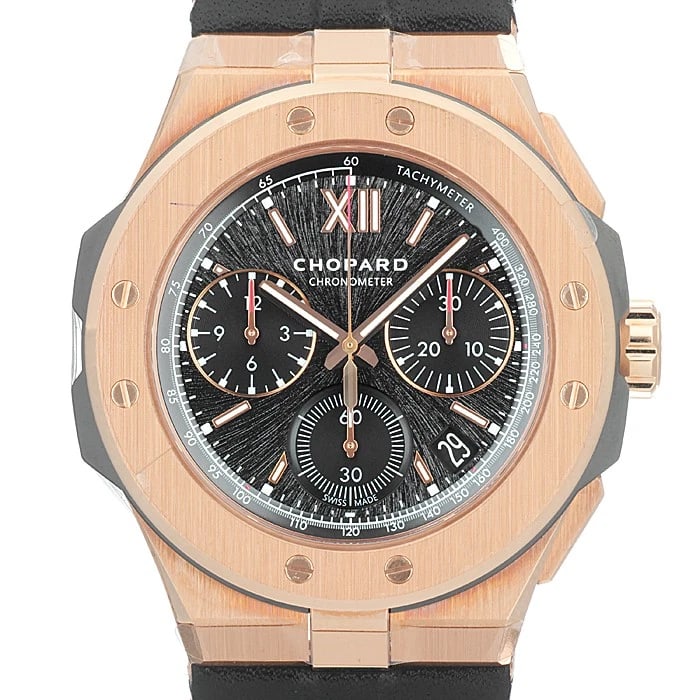 CHOPARD ALPINE EAGLE CHRONO WATCH: CHOPARD Alpine Eagle Chrono Watch Brand: Chopard Type/Style: Wristwatch Material: Case Material Rose Gold, Band Material Calf Color: Case Color Gold, Dial color Black, Band Color Black Size: Case Size
