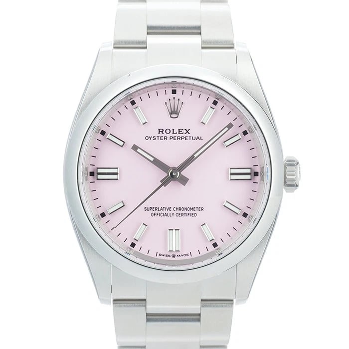 ROLEX OYSTER PERPETUAL CANDY PINK WATCH: ROLEX Oyster Perpetual Candy Pink Watch Brand: ROLEX Type/Style: Wristwatch Material: Case Material Stainless Steel, Band Material Stainless Steel Color: Case Color Silver, Dial color Candy Pink,