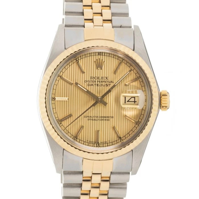 ROLEX DATEJUST CHAMPAGNE WATCH: ROLEX Datejust Champagne Watch Brand: ROLEX Type/Style: Wristwatch Material: Case Material Stainless Steel/Yellow Gold, Band Material Stainless Steel/Yellow Gold Color: Case Color Silver/Gold, Dial