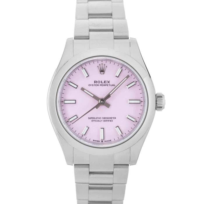 ROLEX OYSTER PERPETUAL CANDY PINK WATCH: ROLEX Oyster Perpetual Candy Pink Watch Brand: ROLEX Type/Style: Wristwatch Material: Case Material Stainless Steel, Band Material Stainless Steel Color: Case Color Silver, Dial color Candy Pink,