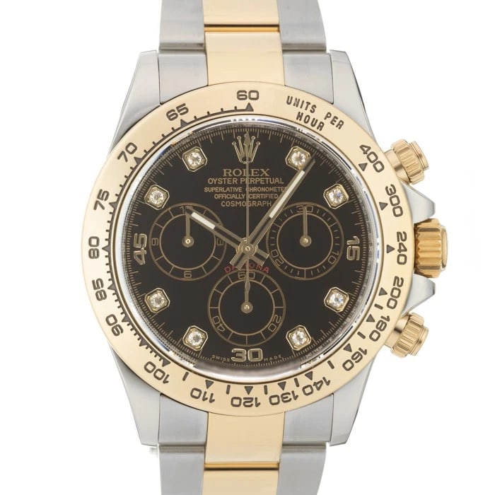 ROLEX DAYTONA BLACK WATCH: ROLEX Daytona Black Watch Brand: ROLEX Type/Style: Wristwatch Material: Case Material Stainless Steel, Yellow Gold, Band Material Stainless Steel, Yellow Gold Color: Case Color Silver/Gold, Dial