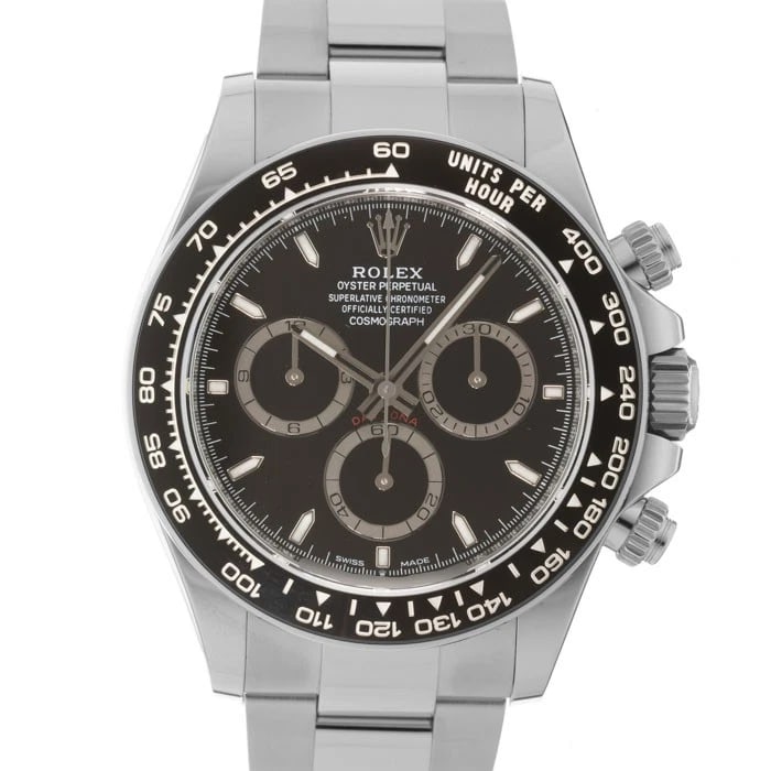 ROLEX COSMOGRAPH DAYTONA BLACK WATCH: ROLEX Cosmograph Daytona Black Watch Brand: ROLEX Type/Style: Wristwatch Material: Case Material Stainless Steel, Band Material Stainless Steel Color: Case Color Silver, Dial color Black, Band Color