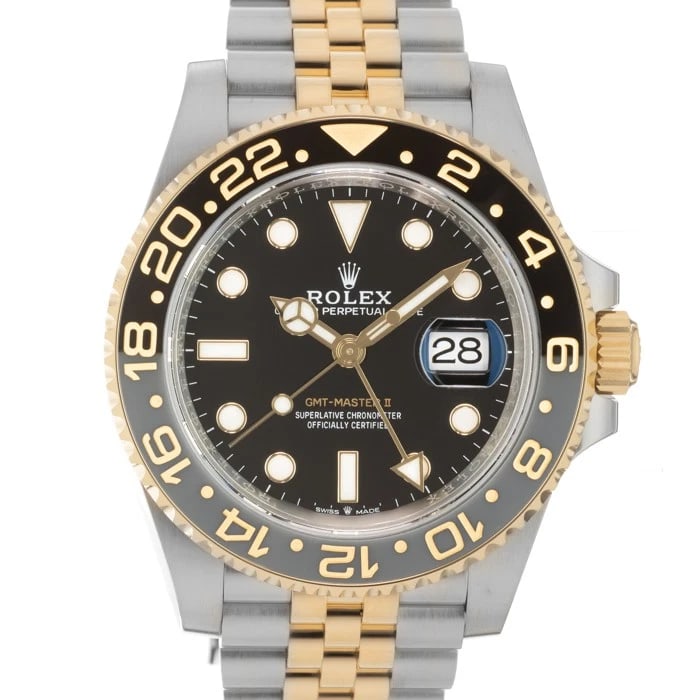 ROLEX GMT MASTER JUBILEE WATCH: ROLEX GMT Master Jubilee Watch Brand: Rolex Type/Style: Wristwatch Material: Case Material Stainless Steel, Band Material Yellow Gold, Stainless Steel Color: Case Color Silver, Dial color Black, Band