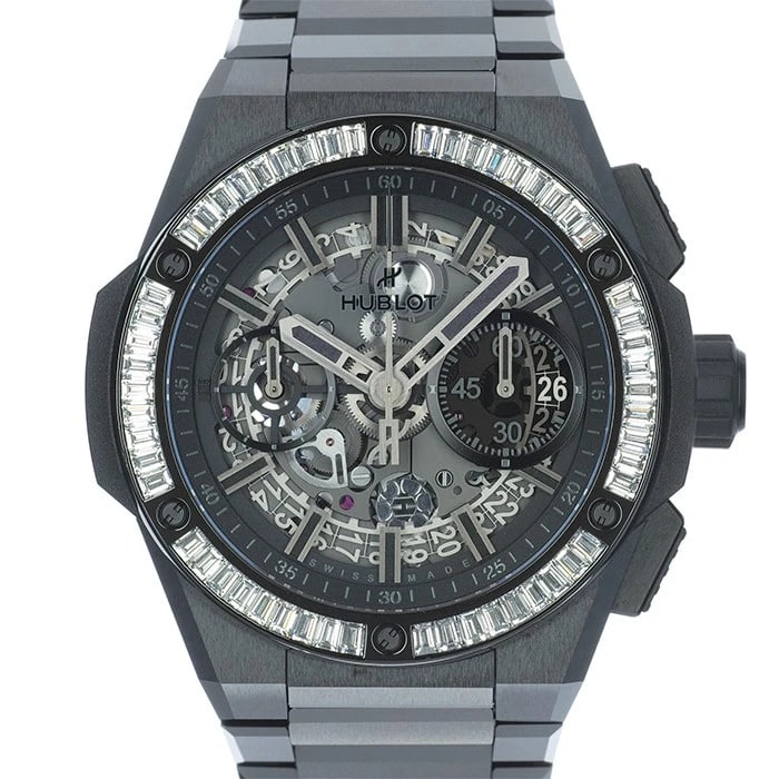 HUBLOT BIG BANG INTEGRATED BLACK BAGUETTE DIAMONDS WATCH: HUBLOT Big Bang Integrated Black Baguette Diamonds Watch Brand: HUBLOT Type/Style: Wristwatch Material: Case Material Ceramic, Band Material Ceramic Color: Case Color Black, Dial color Skeleton, Band