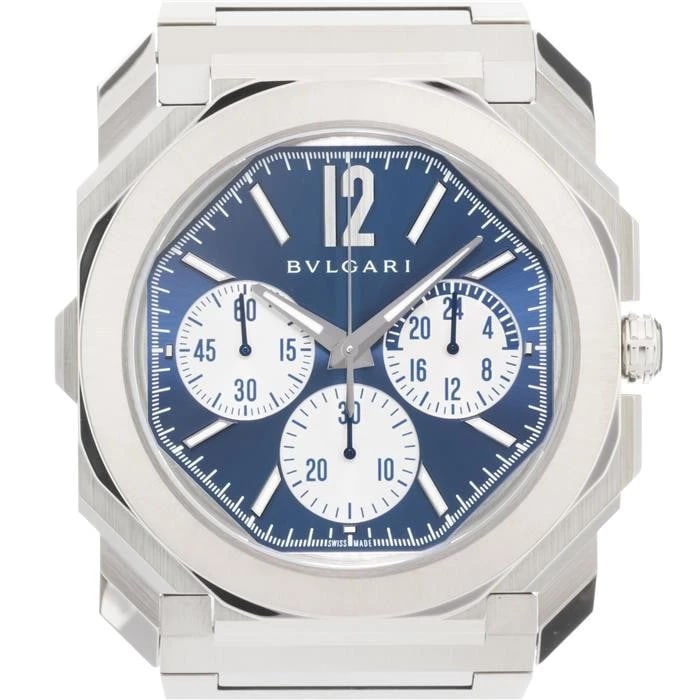 BVLGARI FINISSIMO CHRONOGRAPH WATCH: BVLGARI Finissimo Chronograph Watch Brand: BVLGARI Type/Style: Wristwatch Material: Case Material Stainless Steel, Band Material Stainless Steel Color: Case Color Silver, Dial color Blue, Band Color