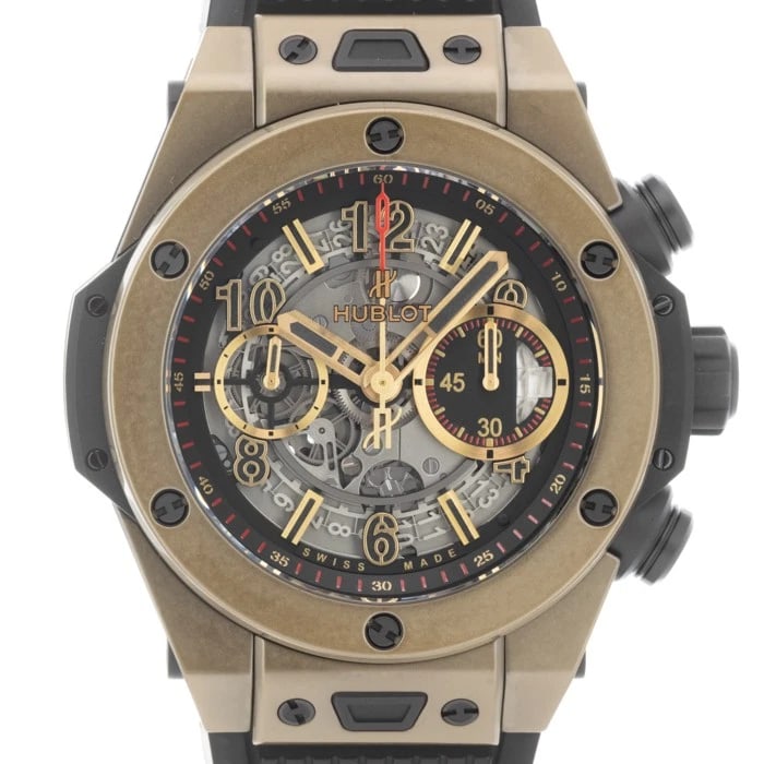 HUBLOT BIG BANG UNICO GOLD WATCH: HUBLOT Big Bang Unico Gold Watch Brand: HUBLOT Type/Style: Wristwatch Material: Case Material MagicGold, Band Material Rubber Color: Case Color Gold, Dial color Skeleton, Band Color Black Size: Case