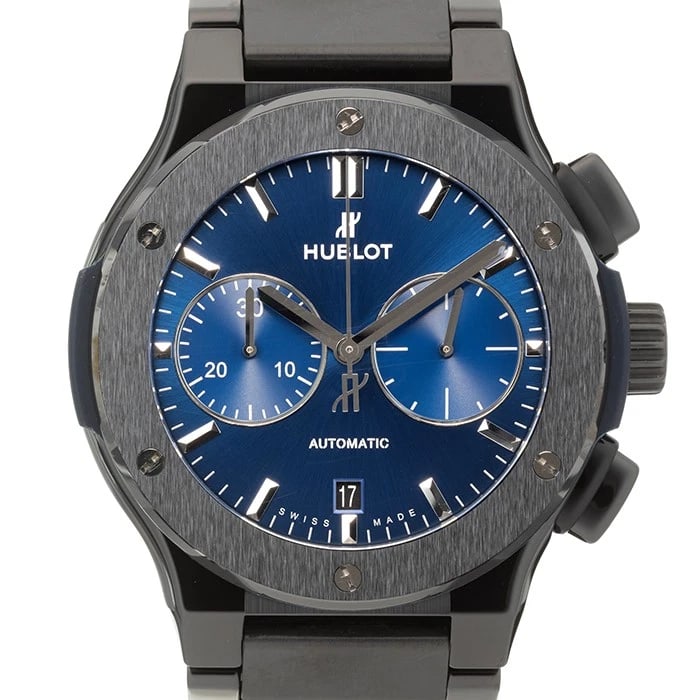 HUBLOT CLASSIC FUSION CHRONOGRAPH CERAMIC BLUE WATCH: HUBLOT Classic Fusion Chronograph Ceramic Blue Watch Brand: HUBLOT Type/Style: Wristwatch Material: Case Material Ceramic, Band Material Ceramic Color: Case Color Gray, Dial color Blue, Band Color