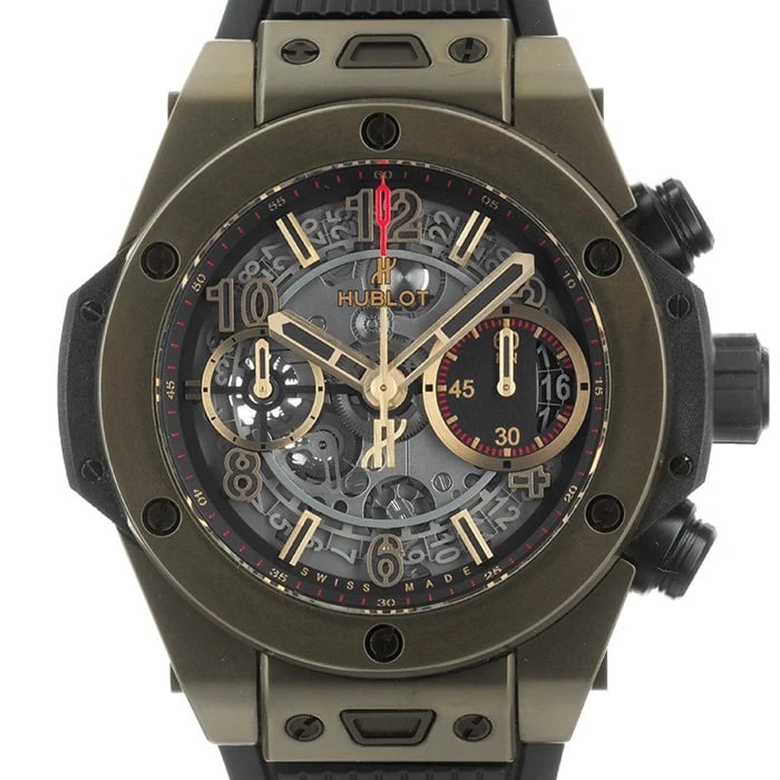 HUBLOT BIG BANG UNICO GOLD WATCH: HUBLOT Big Bang Unico Gold Watch Brand: HUBLOT Type/Style: Wristwatch Material: Case Material MagicGold, Band Material Rubber Color: Case Color Gold, Dial color Skeleton, Band Color Black Size: Case