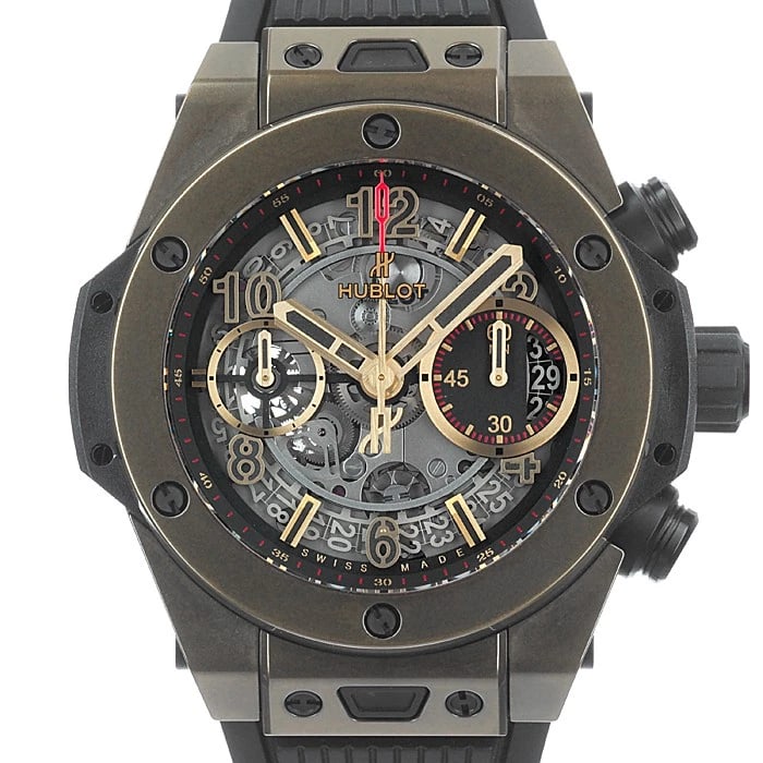 HUBLOT BIG BANG UNICO GOLD WATCH: HUBLOT Big Bang Unico Gold Watch Brand: HUBLOT Type/Style: Wristwatch Material: Case Material MagicGold, Band Material Rubber Color: Case Color Gold, Dial color Skeleton, Band Color Black Size: Case
