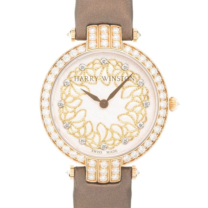 HARRY WINSTON PREMIERE WATCH: HARRY WINSTON Premiere Watch Brand: HARRY WINSTON Type/Style: Wristwatch Material: Case Material Rose Gold, Band Material Satin Color: Case Color Gold, Dial color Pink Silk, Band Color Brown Size: