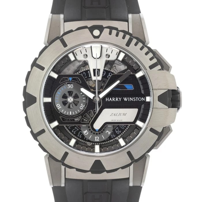 HARRY WINSTON OCEAN SPORTS CHRONOGRAPH WATCH: HARRY WINSTON Ocean Sports Chronograph Watch Brand: HARRY WINSTON Type/Style: Wristwatch Material: Case Material Zalium, Band Material Rubber Color: Case Color Silver, Dial color Skeleton, Band Color