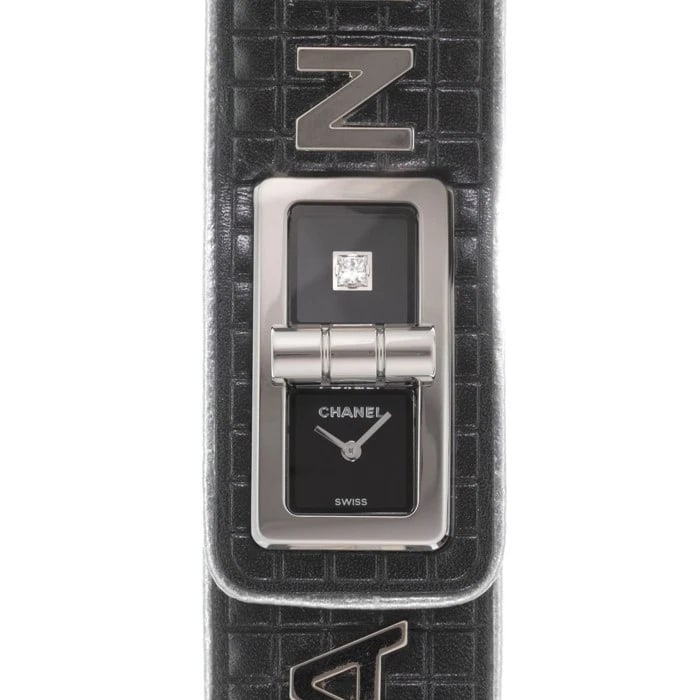 CHANEL CODE COCO WATCH: CHANEL Code Coco Watch Brand: CHANEL Type/Style: Wristwatch Material: Case Material Stainless Steel, Band Material Calf leather Color: Case Color Silver, Dial color Black, Band Color Black Size: Case