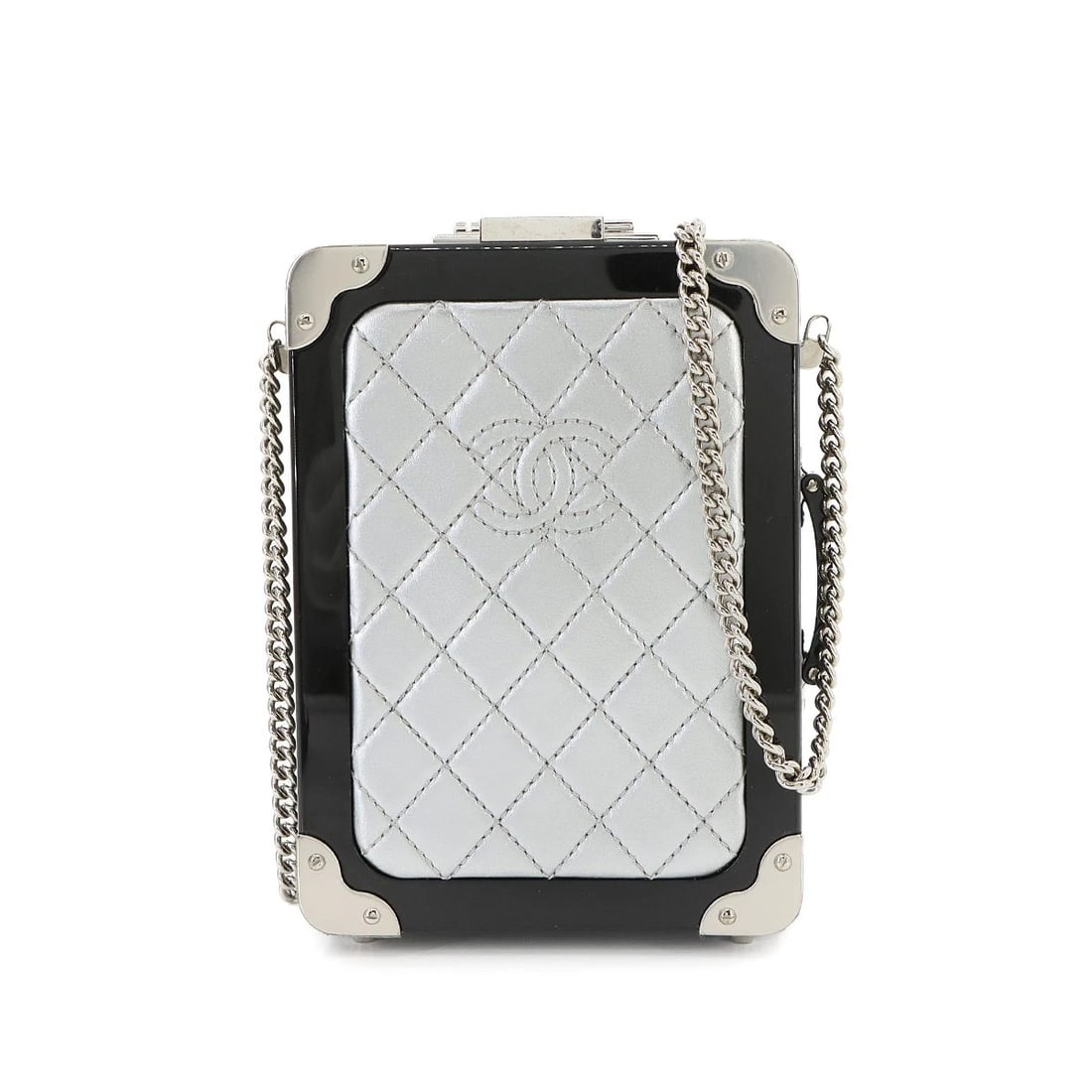 CHANEL EVENING IN THE AIR TROLLEY CHAIN CLUTCH SHOULDER BAG: CHANEL Evening In The Air Trolley Chain Clutch Shoulder Bag Brand: CHANEL Type/Style: Shoulder Bag / Clutch Bag Material: Plastic , Leather Color: Black , Silver Size: W 4.53 inch, H 6.30 inch, D