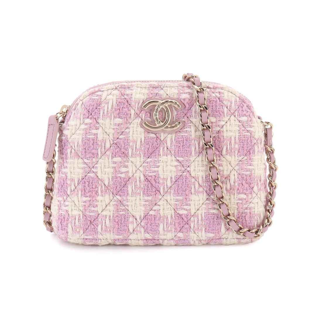 CHANEL MATELASSE CHAIN SHOULDER BAG TWEED LEATHER: CHANEL Matelasse Chain Shoulder Bag Tweed Leather Brand: CHANEL Type/Style: Shoulder Bag Material: Tweed , Leather Color: Pink , White Size: W 5.91 inch, H 4.53 inch, D 1.97 inch Accessories: None