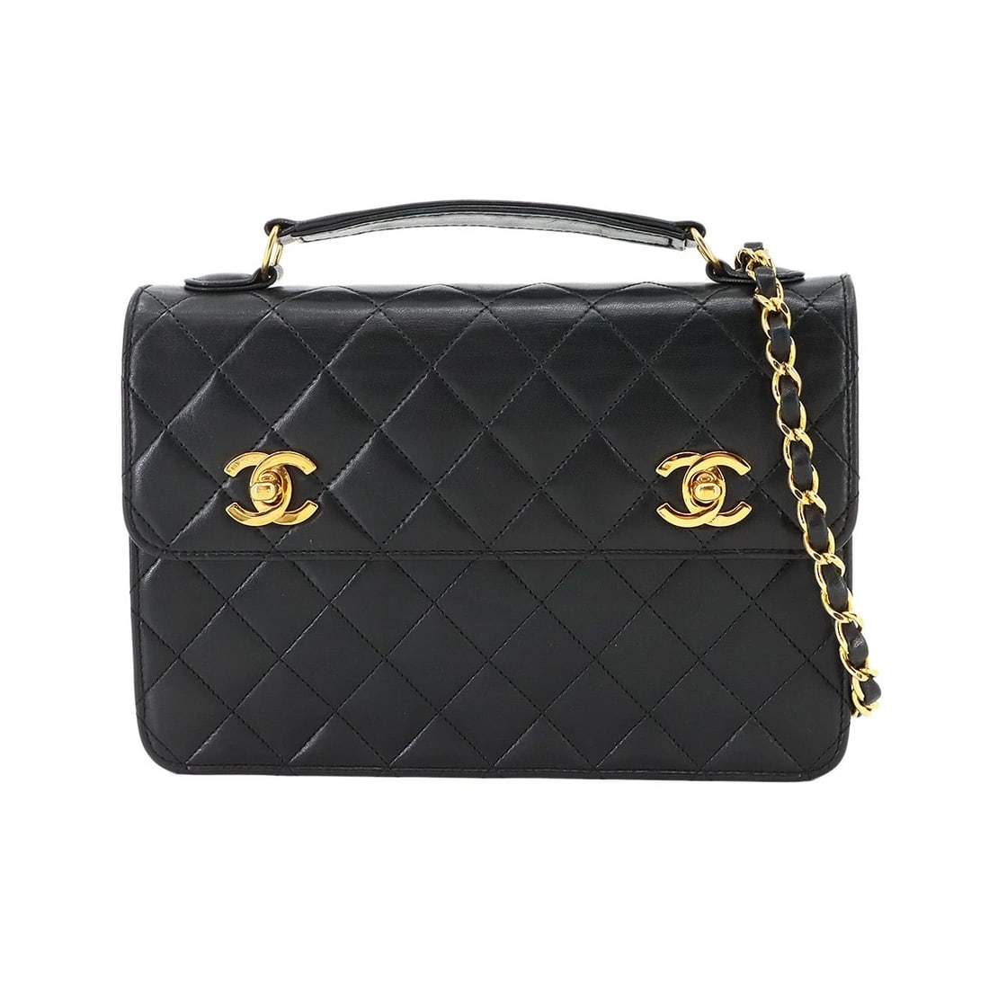 CHANEL DOUBLE LOCK MATELASSE HAND CHAIN SHOULDER BAG LEATHER: CHANEL Double Lock Matelasse Hand Chain Shoulder Bag Leather Brand: CHANEL Type/Style: Shoulder Bag / Hand Bag Material: Leather Color: Black Size: W 9.06 inch, H 6.50 inch, D 1.97 inch Accessorie