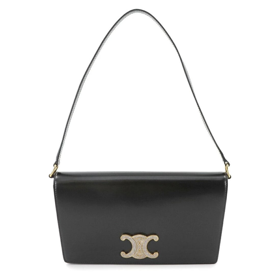 CELINE TRIOMPHE SHOULDER BAG LEATHER BLACK: CELINE Triomphe Shoulder Bag Leather Black Brand: CELINE Type/Style: Shoulder Bag Material: Leather Color: Black Size: W 9.45 inch, H 5.71 inch, D 1.57 inch Accessories: None Accessories Notice: When