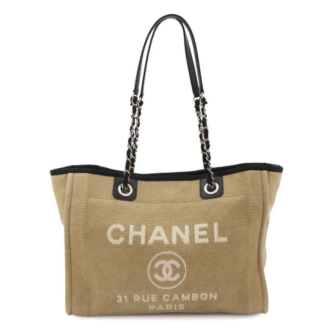 CHANEL DEAUVILLE MM CHAIN TOTE BAG LEATHER: CHANEL Deauville MM Chain Tote Bag Leather Brand: CHANEL Type/Style: Tote Bag Material: Canvas , Leather Color: Beige , Black Size: W 13.39 inch, H 9.84 inch, D 5.51 inch Accessories: None