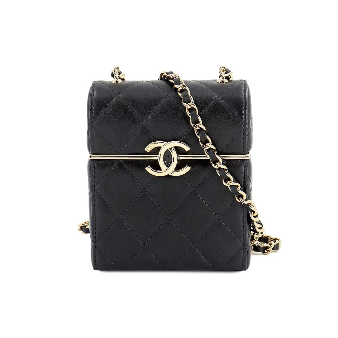 CHANEL MATELASSE BOX TYPE CHAIN SHOULDER BAG LEATHER: CHANEL Matelasse Box type Chain Shoulder Bag Leather Brand: CHANEL Type/Style: Shoulder Bag Material: Leather Color: Black Size: W 3.94 inch, H 4.72 inch, D 1.97 inch Accessories: None Acc