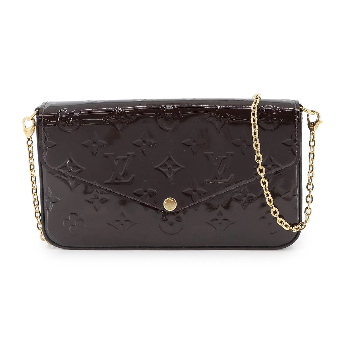 LOUIS VUITTON MONOGRAM VERNIS POCHETTE FELICIE AMARANTE: LOUIS VUITTON Monogram Vernis Pochette Felicie Amarante Brand: LOUIS VUITTON Type/Style: Chain Wallet Material: Monogram Vernis Leather Color: Amarante Size: W 8.46 inch, H 4.72 inch, D 1.18 inch
