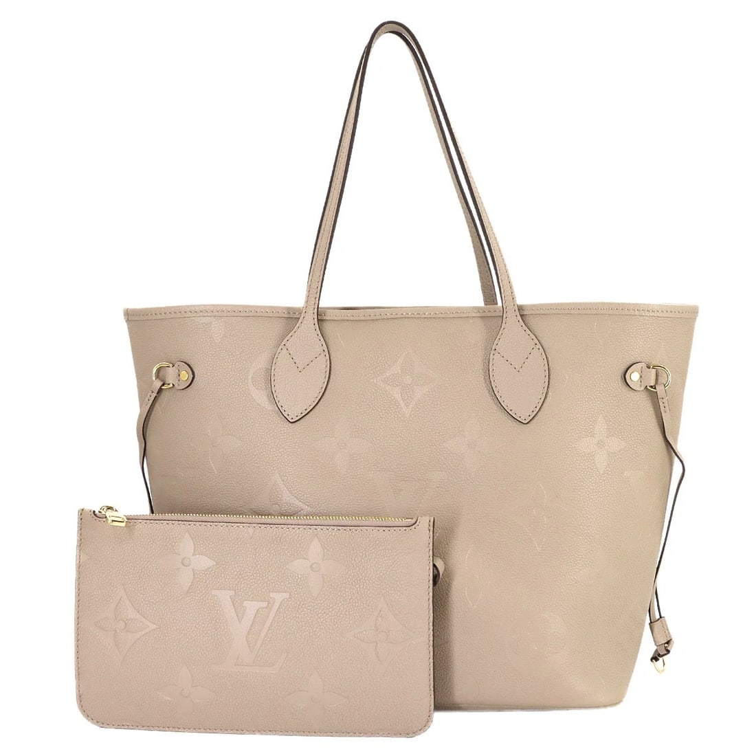 LOUIS VUITTON MONOGRAM EMPREINTE NEVERFULL MM TOTE BAG: LOUIS VUITTON Monogram Empreinte Neverfull MM Tote Bag Brand: LOUIS VUITTON Type/Style: Tote Bag Material: Monogram Empreinte Leather Color: Tourterelle Size: W 12.60 inch, H 11.42 inch, D 6.30 inch